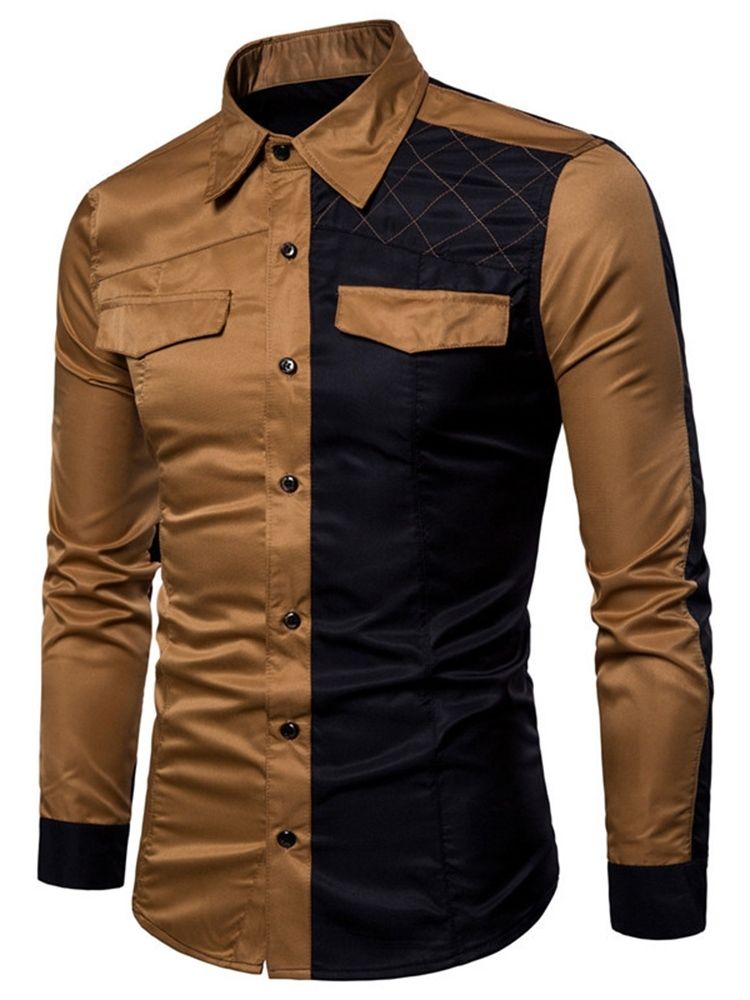 Patchwork Casual Lapel Slim Enkelknäppt Skjorta