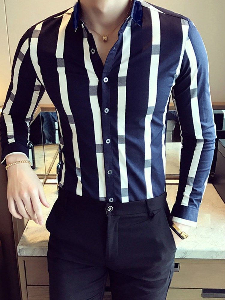 Patchwork Lapel Color Block Slim Shirt För Män