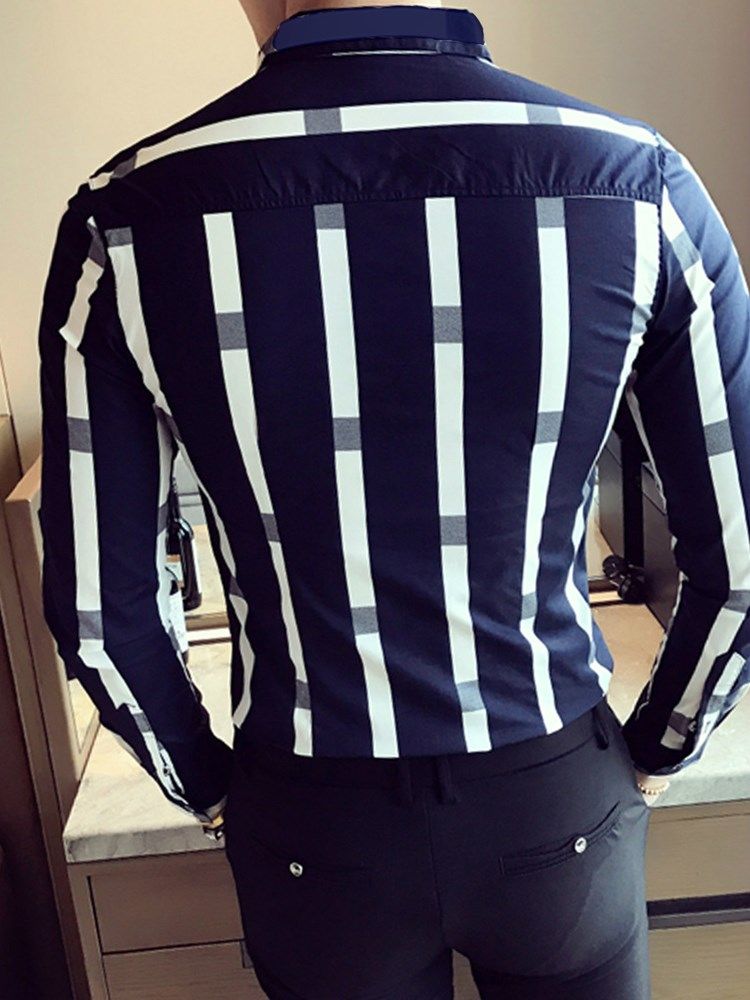 Patchwork Lapel Color Block Slim Shirt För Män