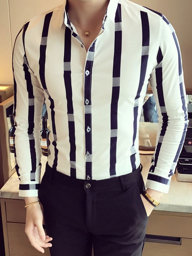 Patchwork Lapel Color Block Slim Shirt För Män