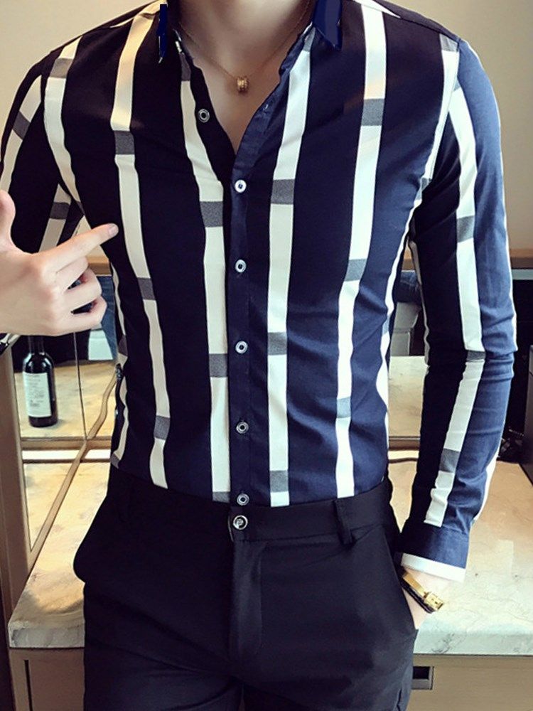 Patchwork Lapel Color Block Slim Shirt För Män