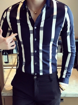 Patchwork Lapel Color Block Slim Shirt För Män