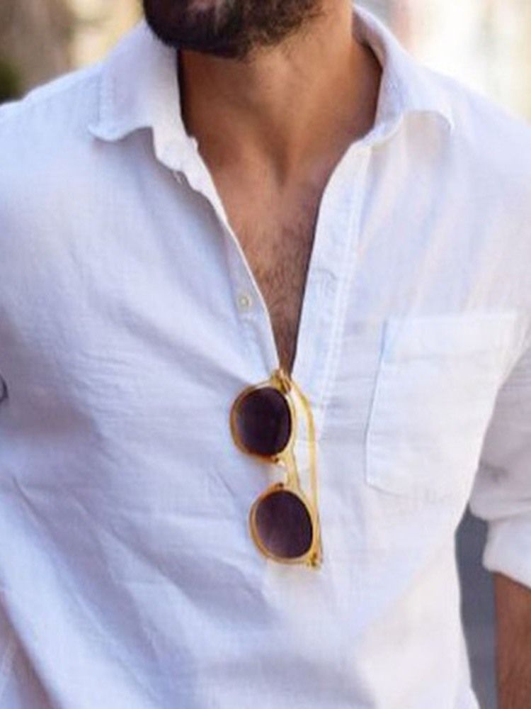 Pocket Lapel Plain Slim Shirt För Män