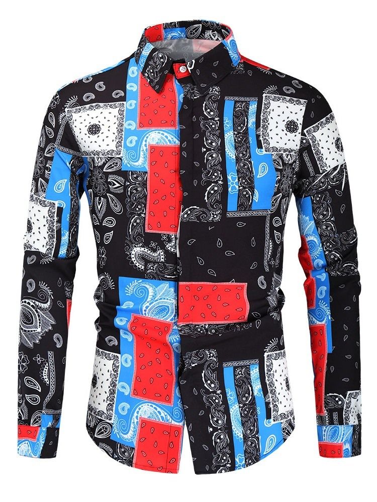 Print Casual Lapel Fall Slim Skjorta För Män