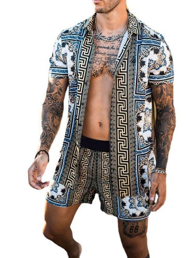 Print Color Block European Loose Herrskjorta