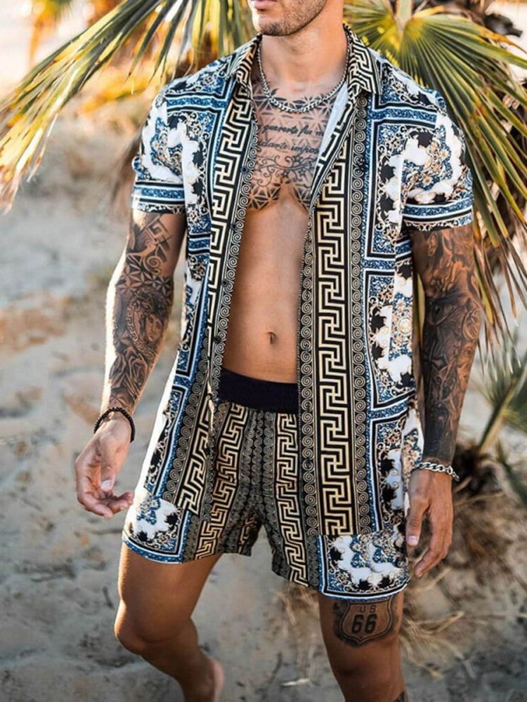Print Color Block European Loose Herrskjorta