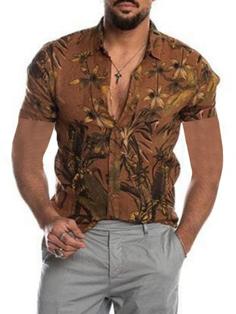 Print Color Block Lapel Slim Sommarskjorta För Män
