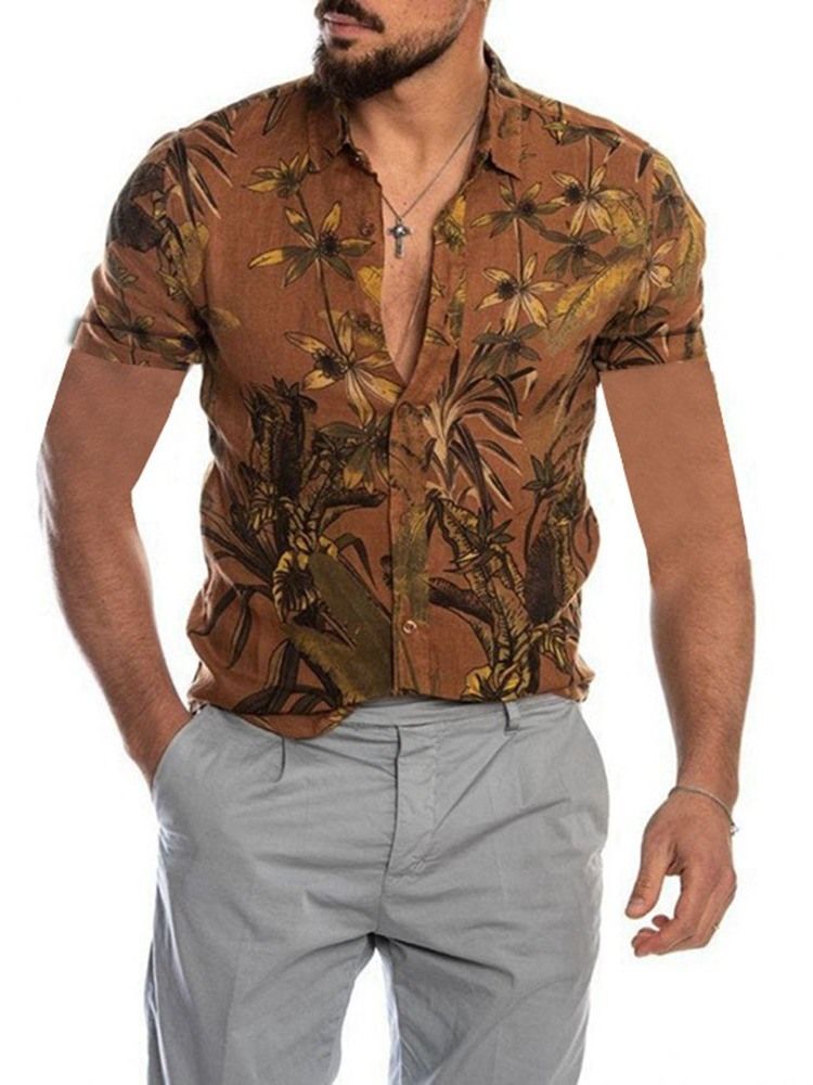 Print Color Block Lapel Slim Sommarskjorta För Män