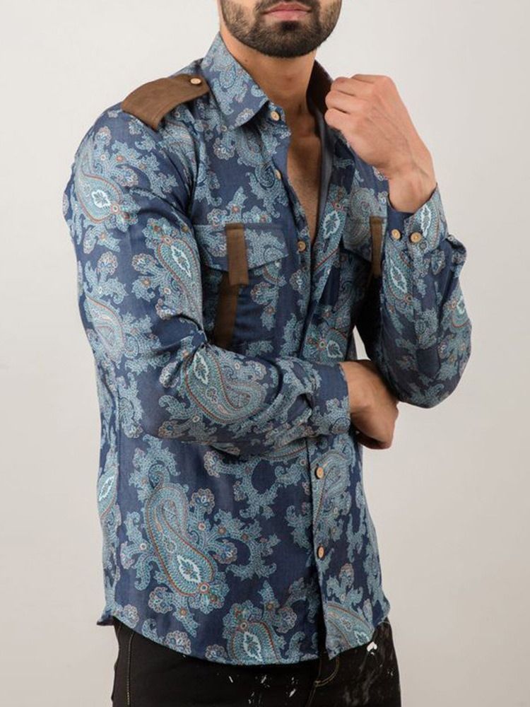 Print Fashion Color Block Slim Herrskjorta