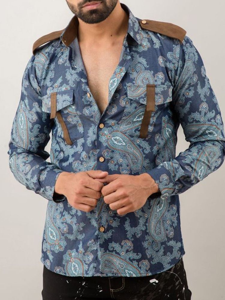 Print Fashion Color Block Slim Herrskjorta
