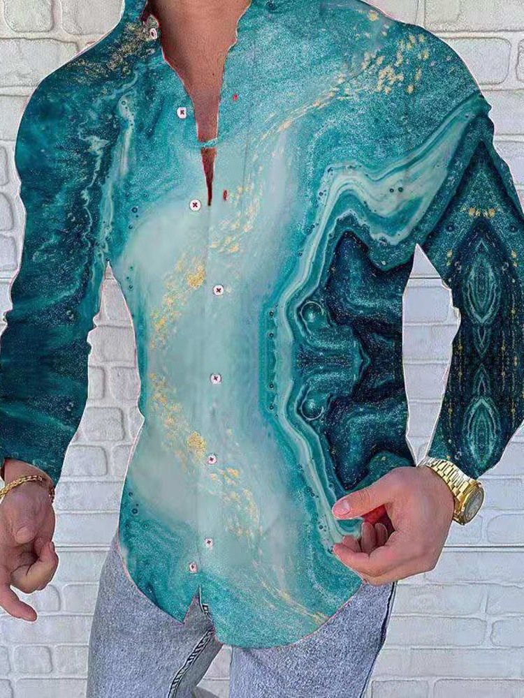 Print Lapel Casual Enkelknäppt Långärmad Slimmad Skjorta För Män