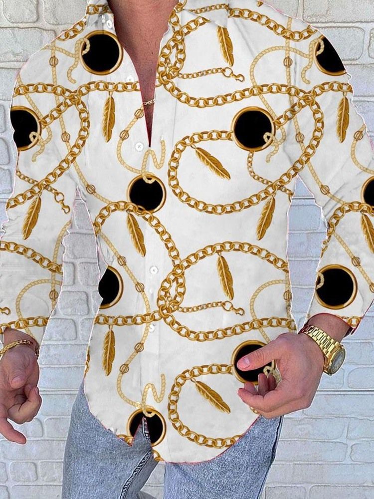 Print Lapel Casual Enkelknäppt Långärmad Slimmad Skjorta För Män