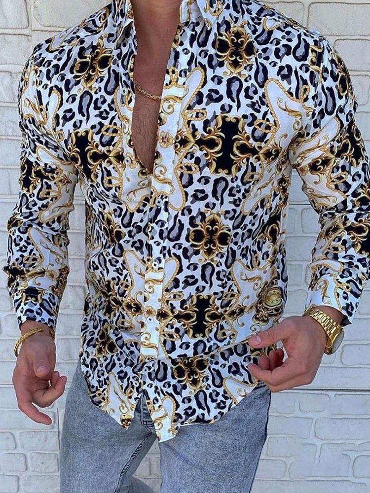 Print Lapel Casual Enkelknäppt Långärmad Slimmad Skjorta För Män
