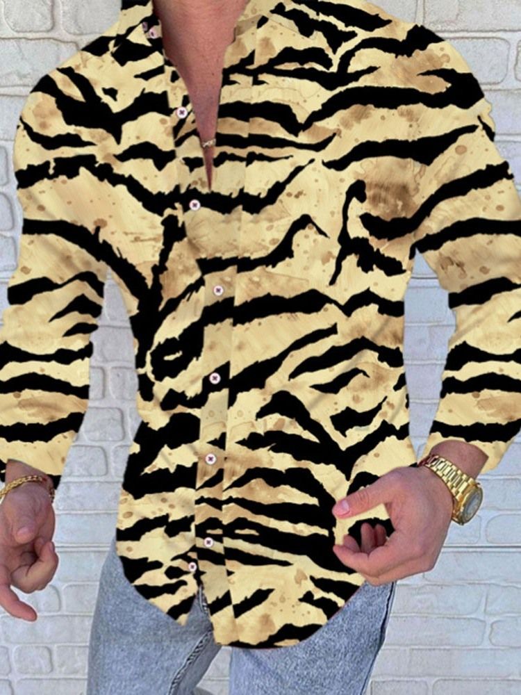 Print Lapel Casual Enkelknäppt Långärmad Slimmad Skjorta För Män