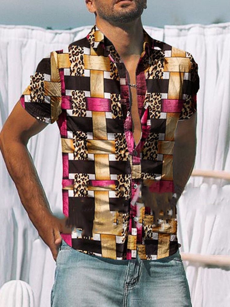 Print Lapel Casual Enkelknäppt Mikroelastisk Slimmad Skjorta För Män