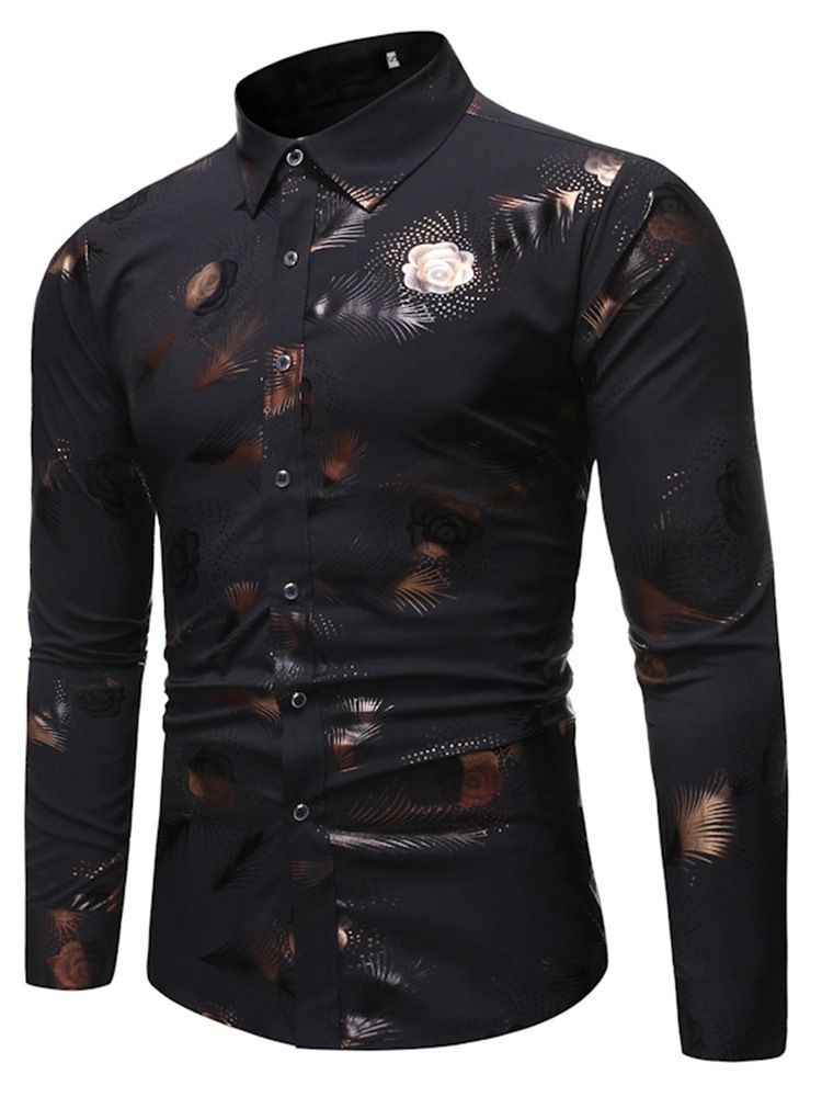 Print Lapel Casual Enkelknäppt Slimmad Skjorta För Män