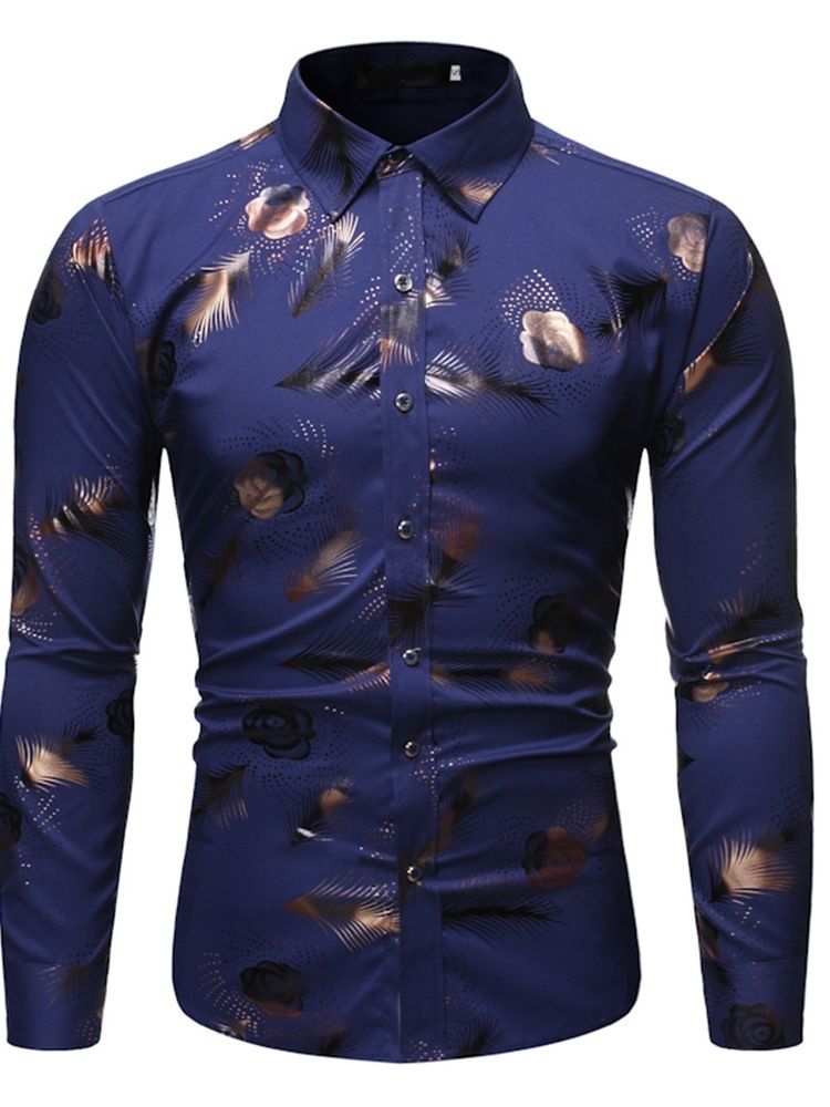 Print Lapel Casual Enkelknäppt Slimmad Skjorta För Män