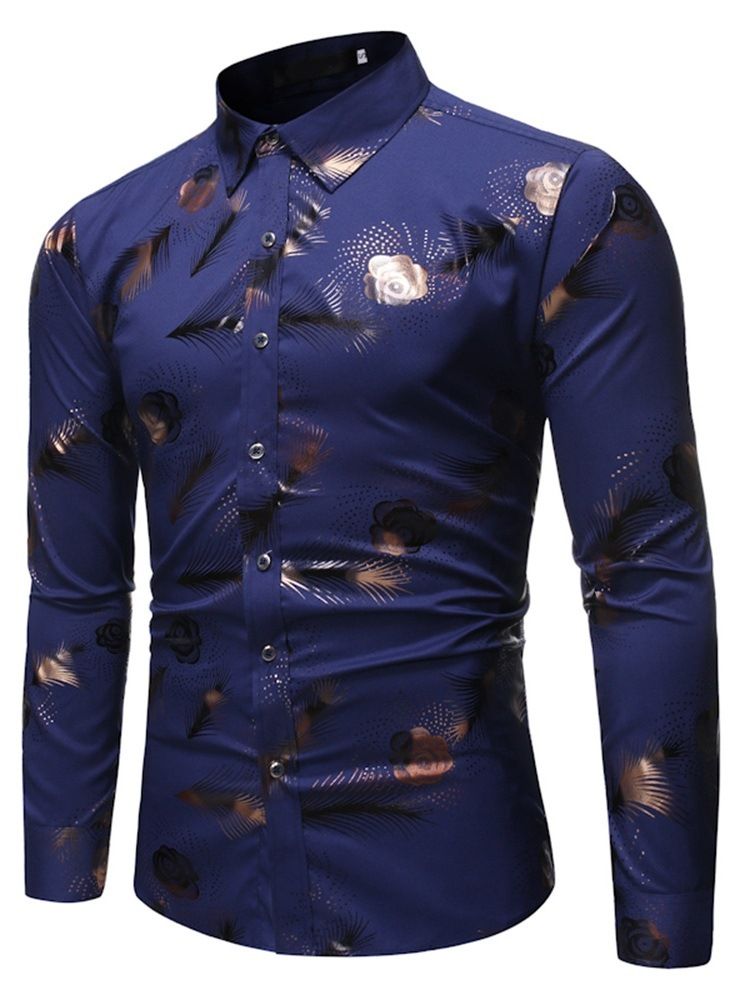 Print Lapel Casual Enkelknäppt Slimmad Skjorta För Män
