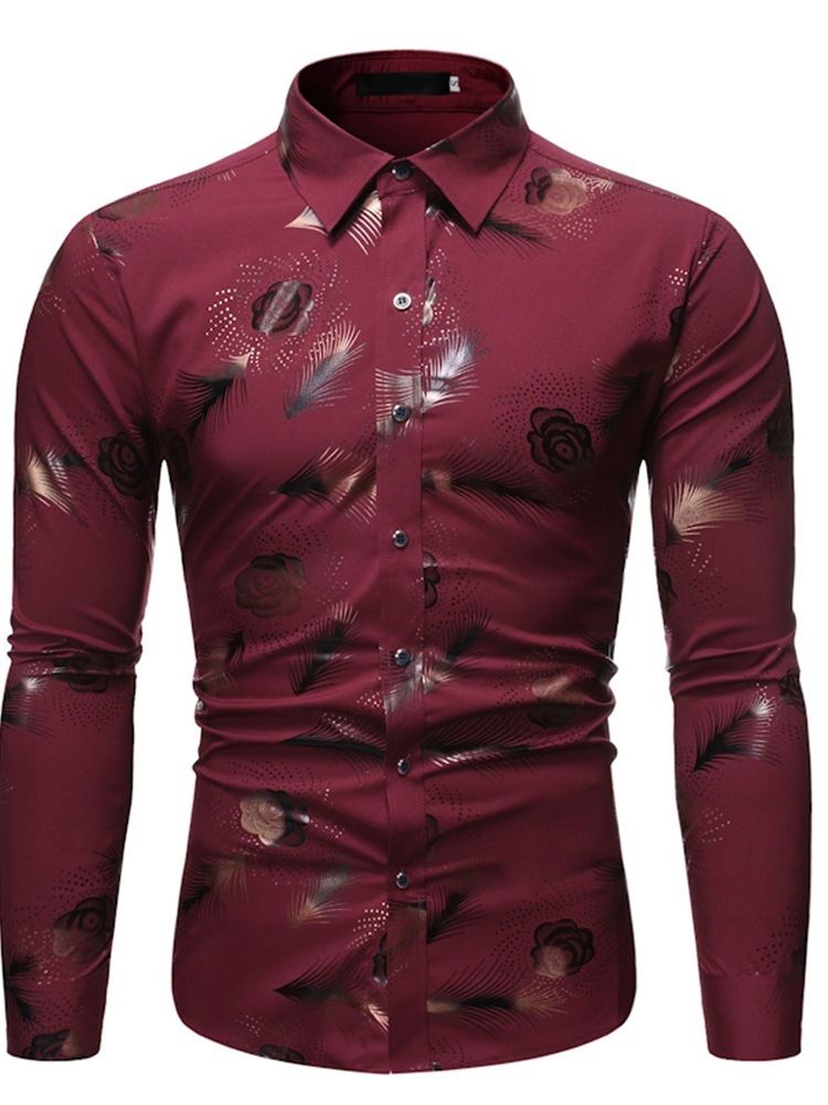 Print Lapel Casual Enkelknäppt Slimmad Skjorta För Män