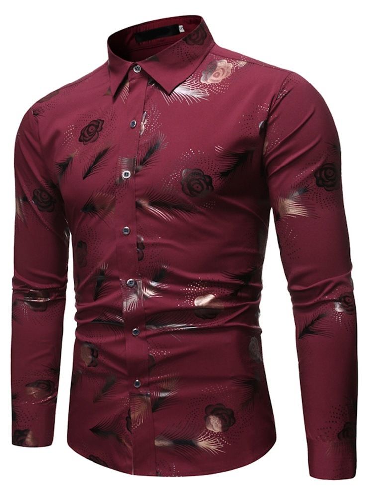 Print Lapel Casual Enkelknäppt Slimmad Skjorta För Män