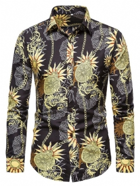 Print Lapel Casual Fall För Män Slimmad Skjorta