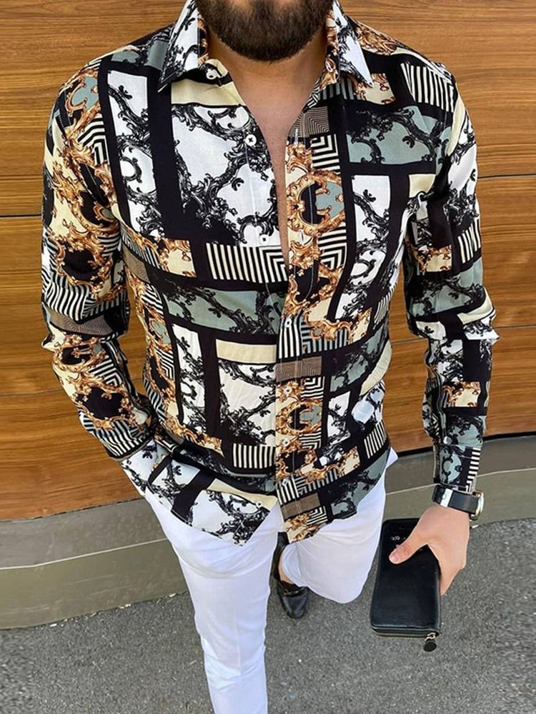 Print Lapel Enkelknäppt Smal Herrskjorta