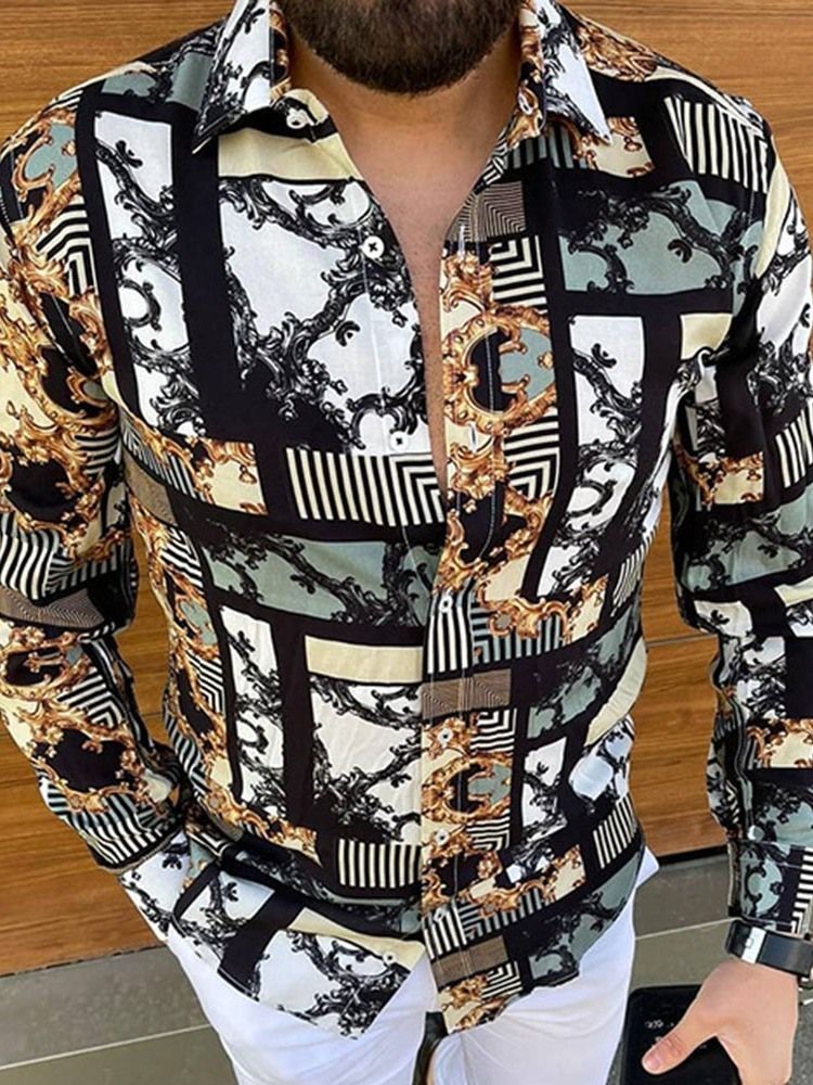 Print Lapel Enkelknäppt Smal Herrskjorta