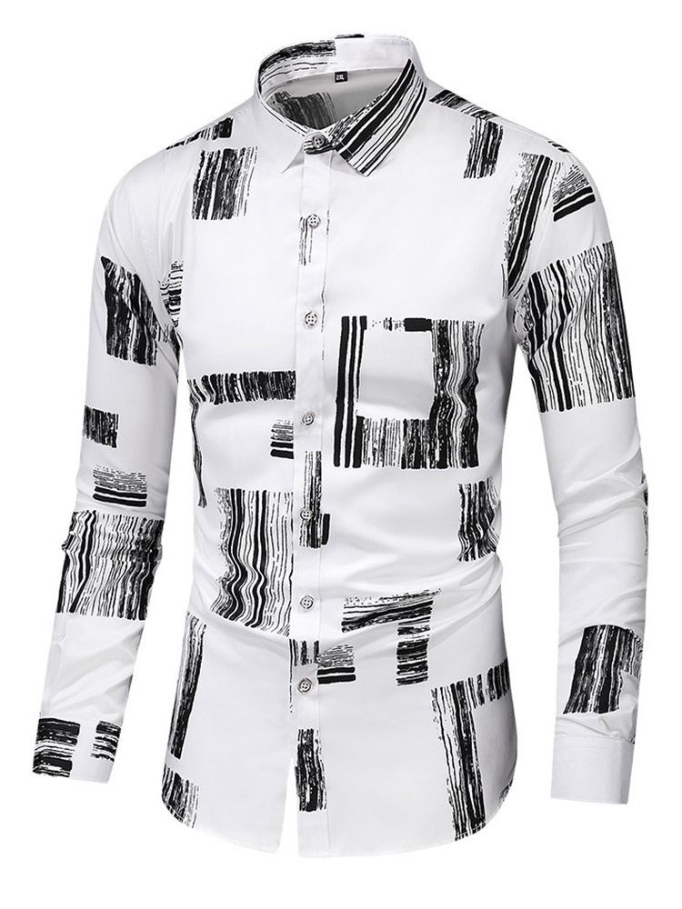 Print Lapel Fashion Enkelknäppt Slimmad Skjorta För Män