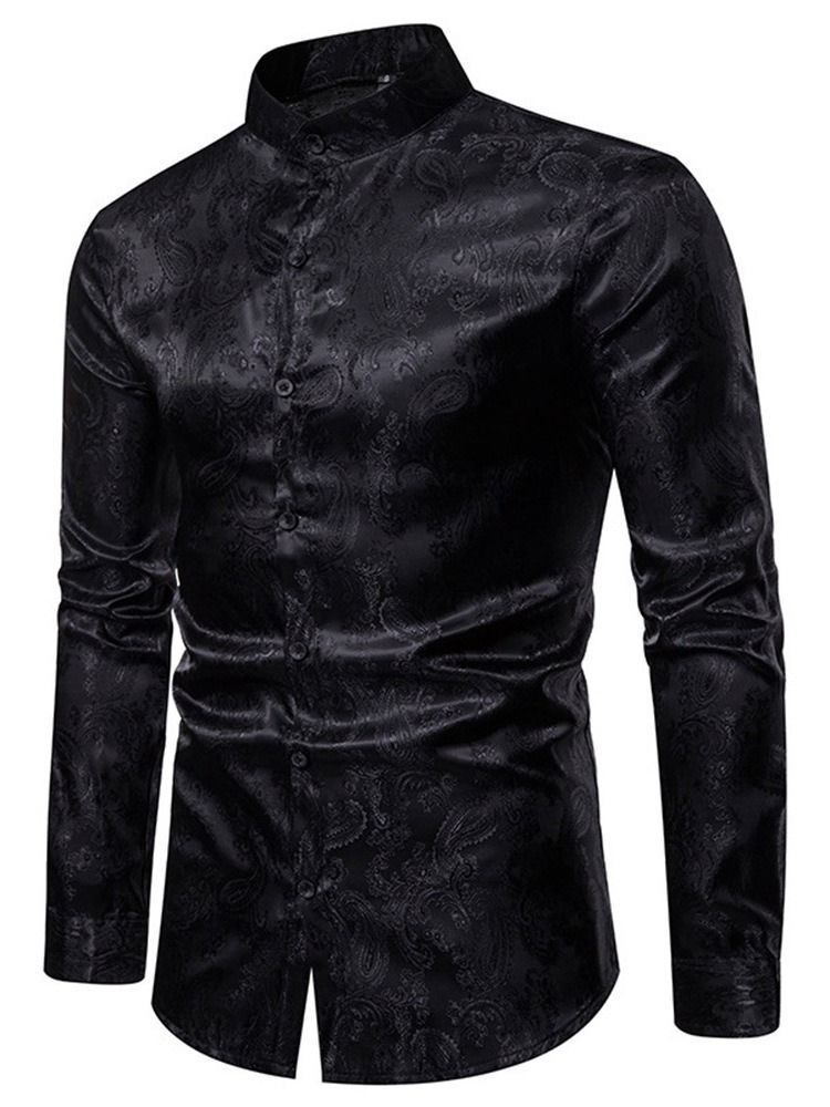 Print Stand Collar Fashion Slim Enkelknäppt Herrskjorta