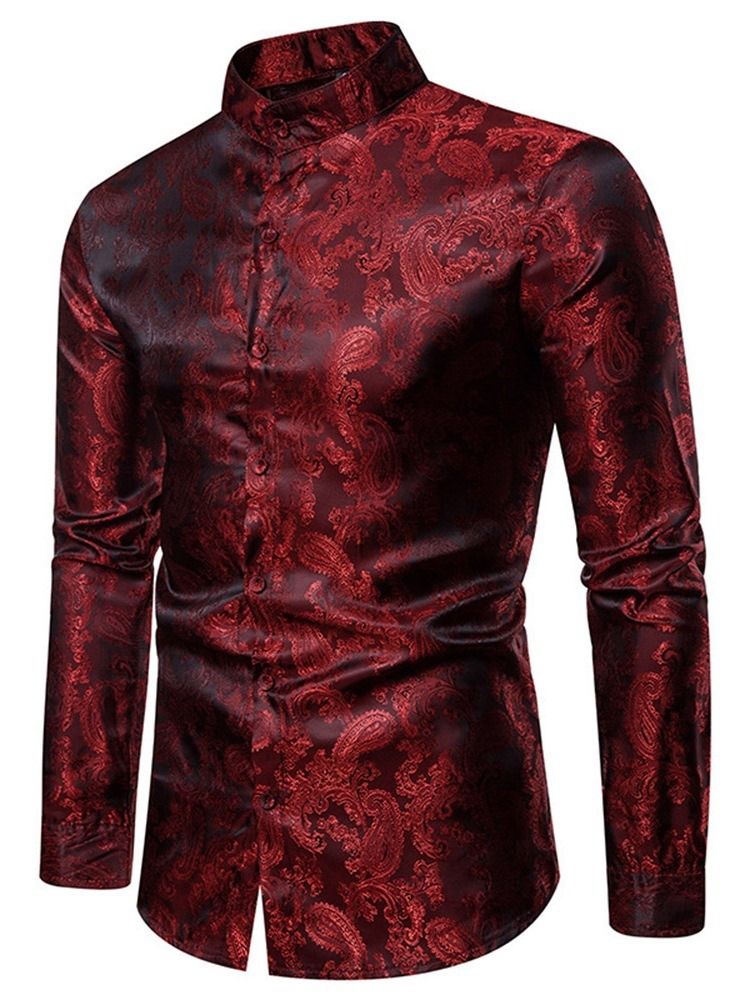 Print Stand Collar Fashion Slim Enkelknäppt Herrskjorta