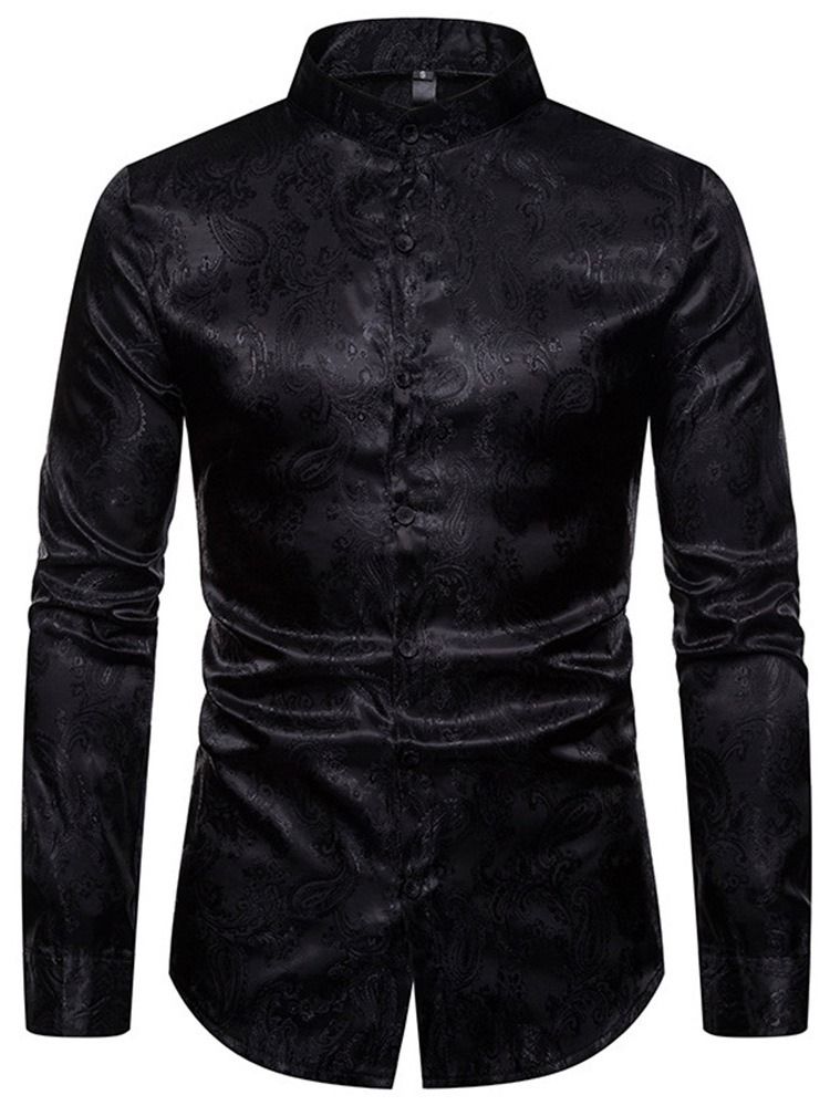 Print Stand Collar Fashion Slim Enkelknäppt Herrskjorta