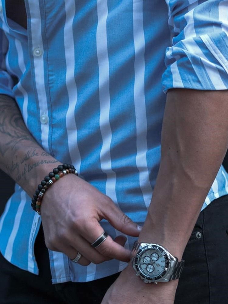 Randig Stativkrage Casual Slim Enkelknäppt Herrskjorta