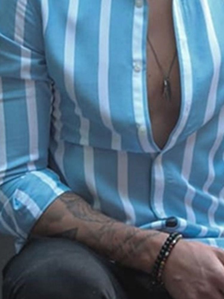 Randig Stativkrage Casual Slim Enkelknäppt Herrskjorta