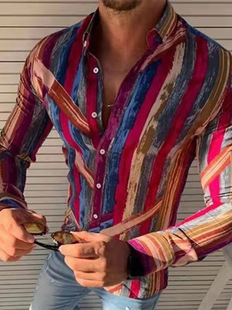 Randig Stil Casual Lapel Slim Herrskjorta