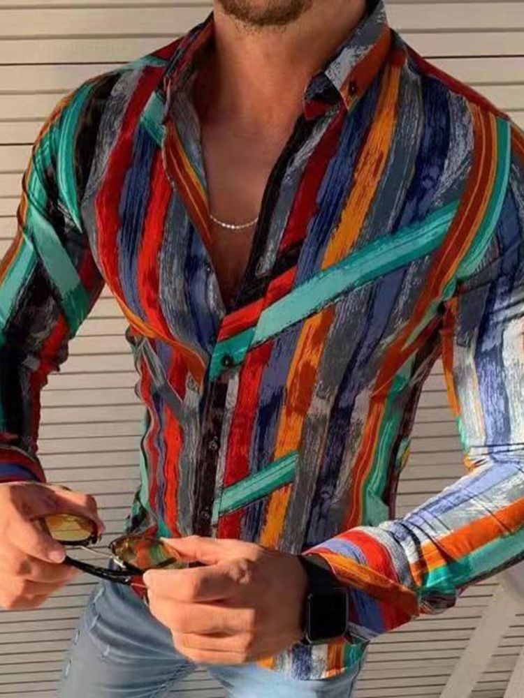 Randig Stil Casual Lapel Slim Herrskjorta