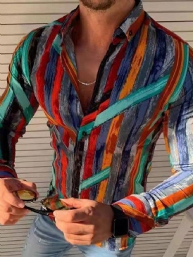 Randig Stil Casual Lapel Slim Herrskjorta