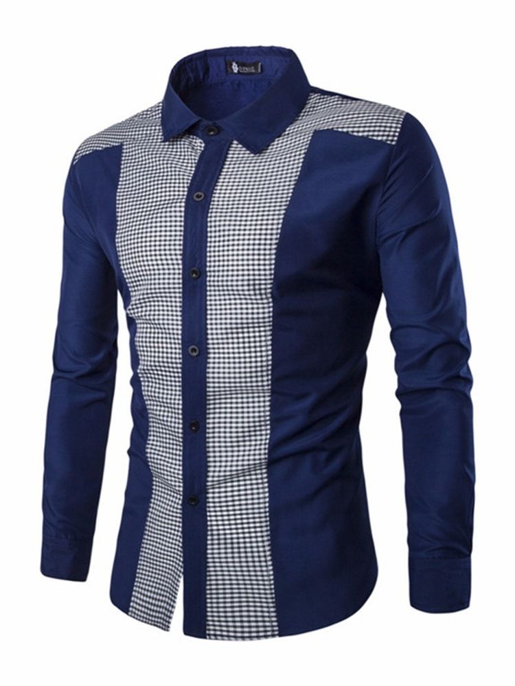 Rutig Casual Patchwork Enkelknäppt Vårskjorta