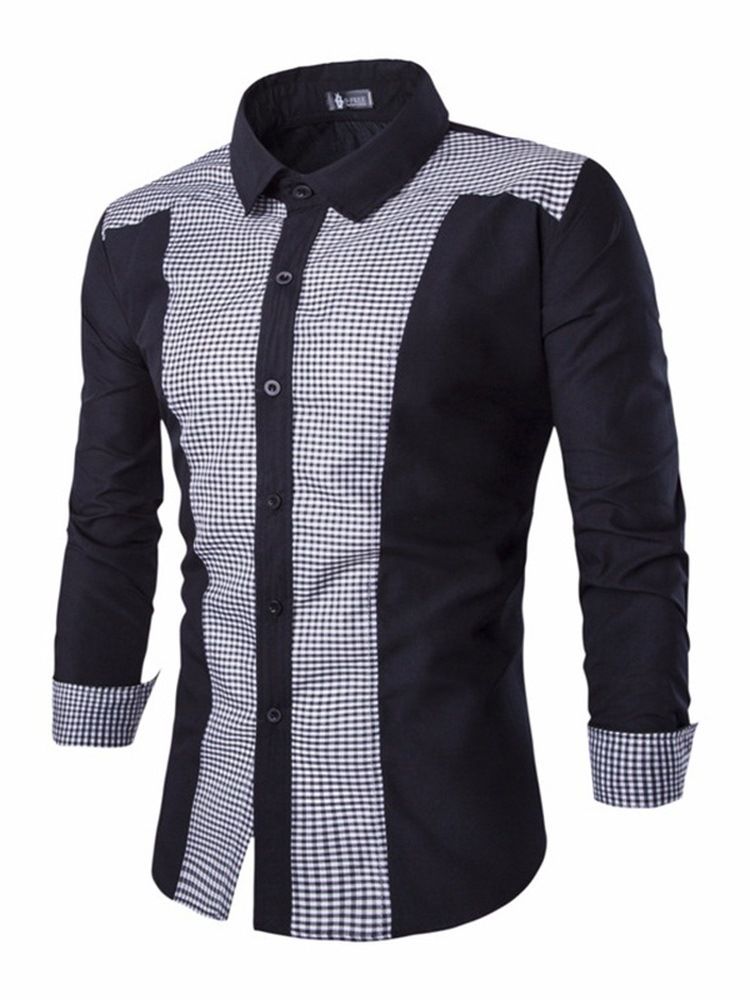 Rutig Casual Patchwork Enkelknäppt Vårskjorta