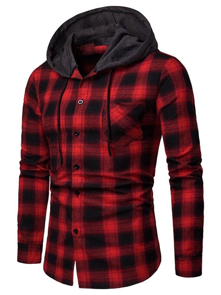 Rutig Casual Slim Fall-Skjorta Med Huva