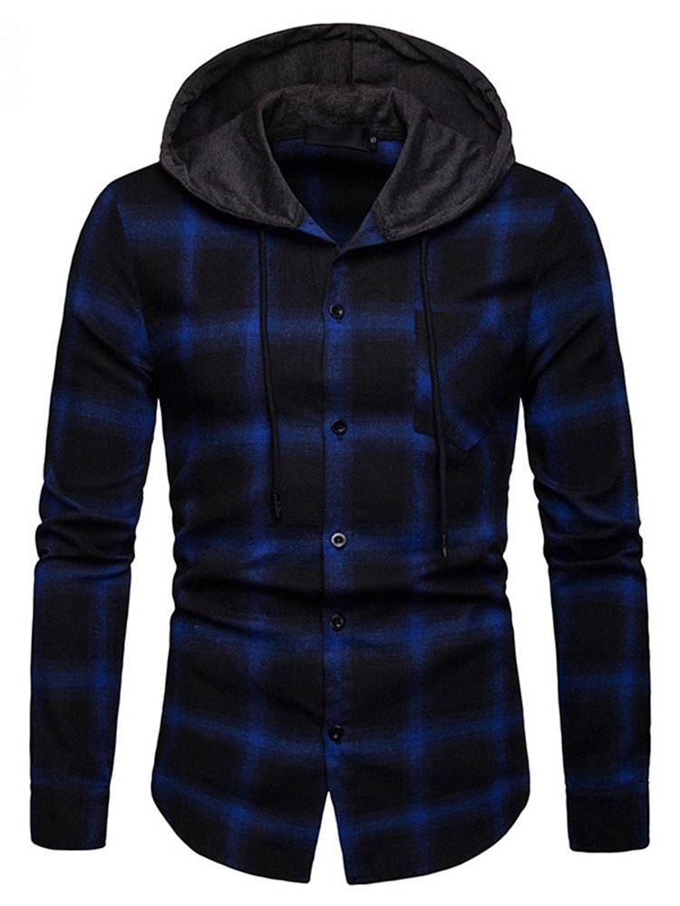 Rutig Casual Slim Fall-Skjorta Med Huva