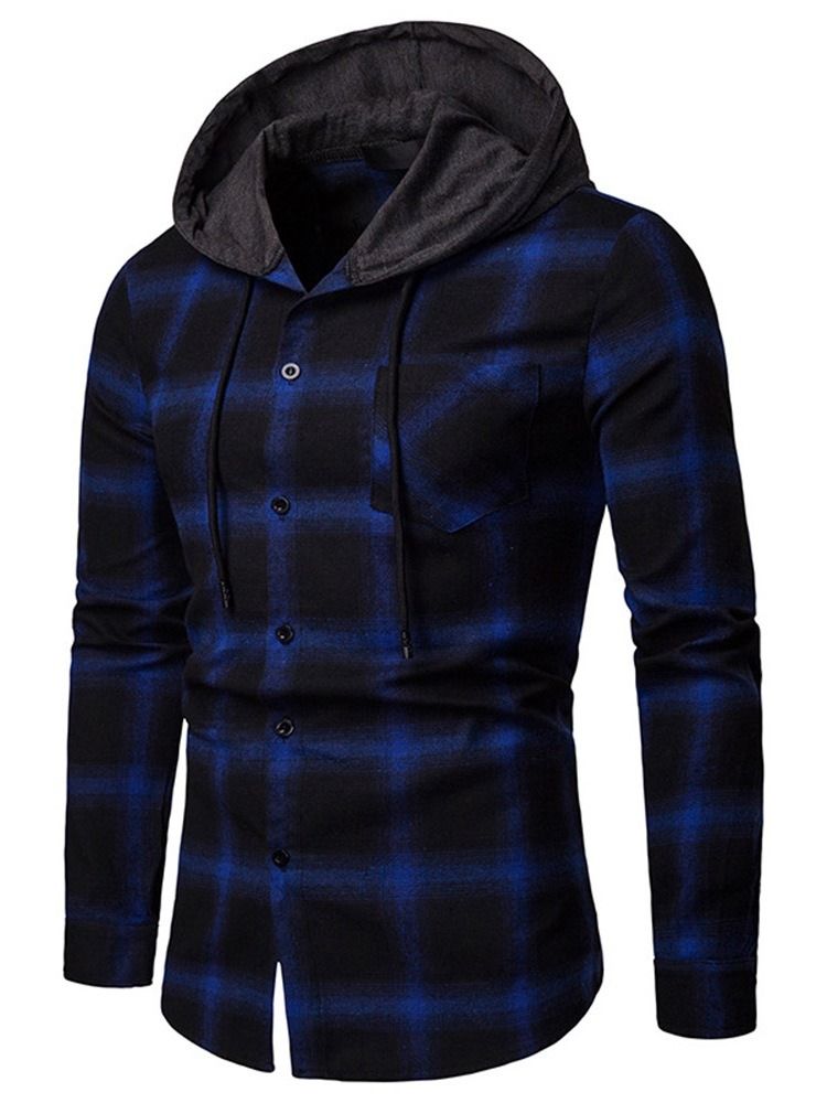 Rutig Casual Slim Fall-Skjorta Med Huva