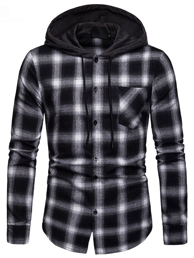 Rutig Casual Slim Fall-Skjorta Med Huva