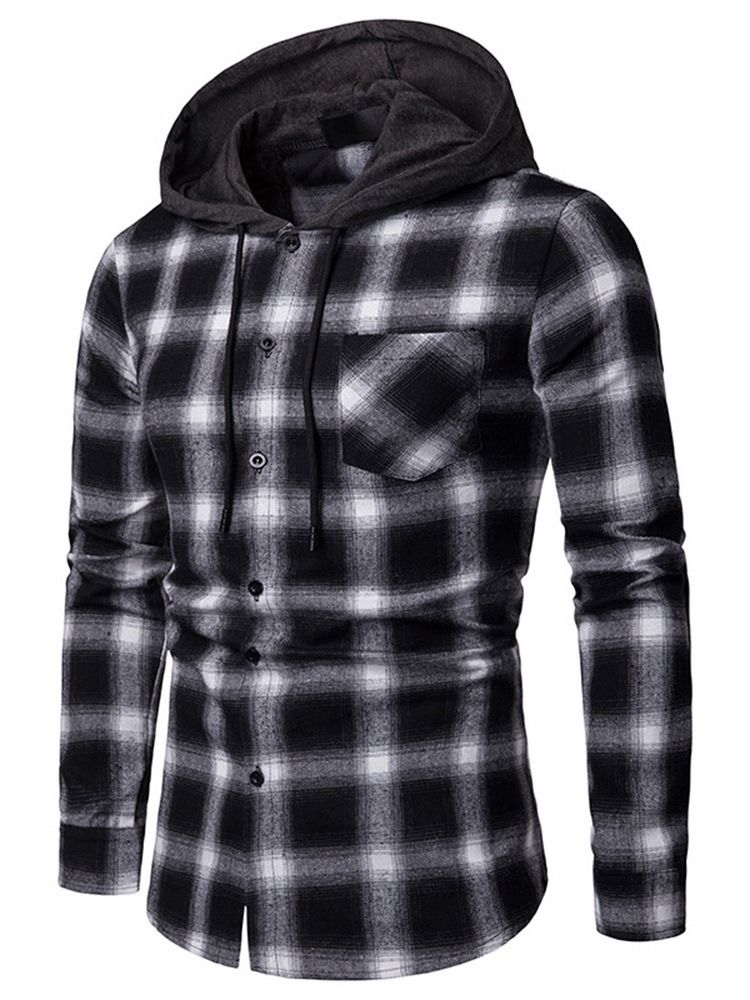 Rutig Casual Slim Fall-Skjorta Med Huva