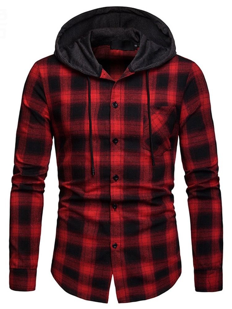 Rutig Casual Slim Fall-Skjorta Med Huva
