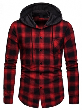 Rutig Casual Slim Fall-Skjorta Med Huva