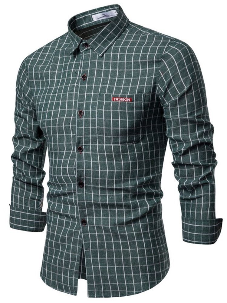 Rutig Lapel Casual Enkelknäppt Herrskjorta