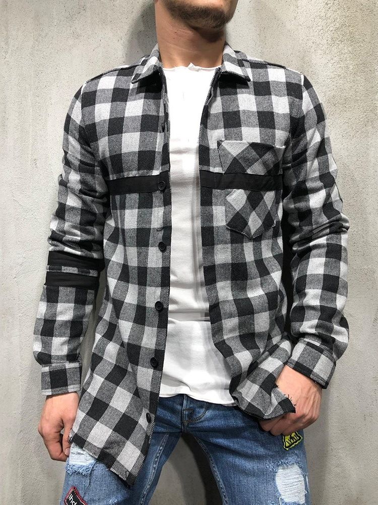 Rutig Lapel Patchwork Enkelknäppt Höstskjorta