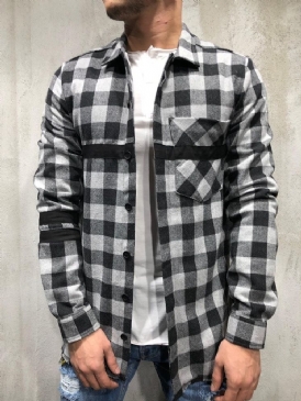 Rutig Lapel Patchwork Enkelknäppt Höstskjorta