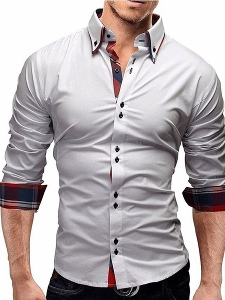 Rutigt Tryck Casual Lapel Button Slim Shirt För Män