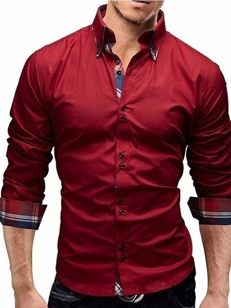 Rutigt Tryck Casual Lapel Button Slim Shirt För Män